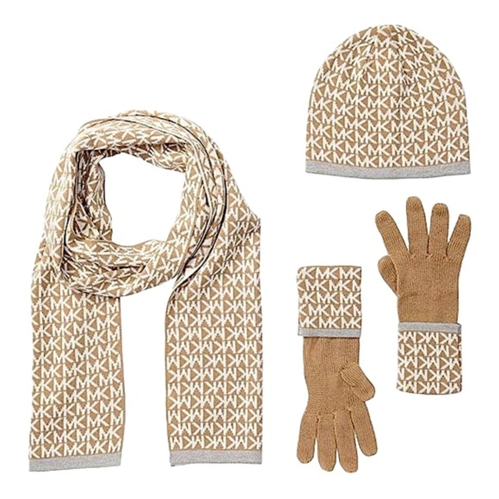 NWT- MICHAEL KORS Logo Monogram Tan 3 Piece Scarf, Hat and Gloves Set